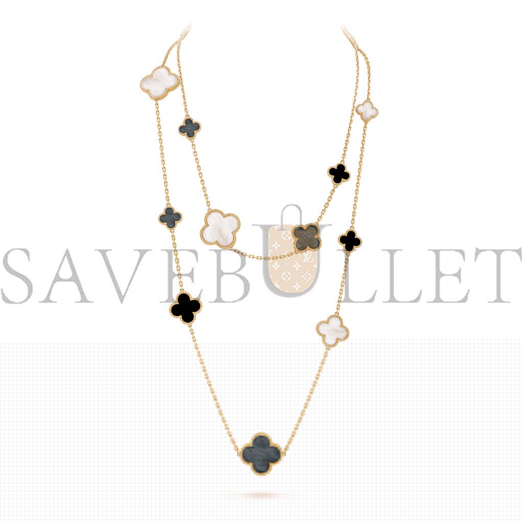 V*N CL*F arpels magic alhambra long necklace, 16 motifs - yellow gold, mother-of-pearl, onyx  vcard79400